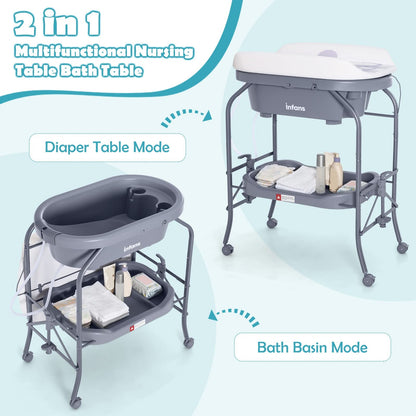 INFANS 2 in 1 Baby Changing Table with Bath Tub Unit, Folding Diaper Dresser Station with Wheels Waterproof Pad Storage Rack, Portable Nursery Organizer Stand for Newborn Infant