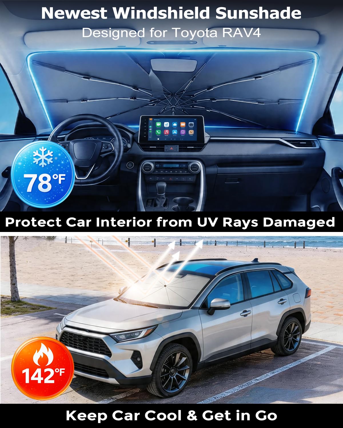 DMJN Umbrella Windshield Sun Shade for Jeep Grand Cherokee (2011-2026), Car Sunshade for Front Windshield [Nano Ice-Crystal Coatings] UPF50+ Heat & UV Block, Protect Interior & Keep Cooler