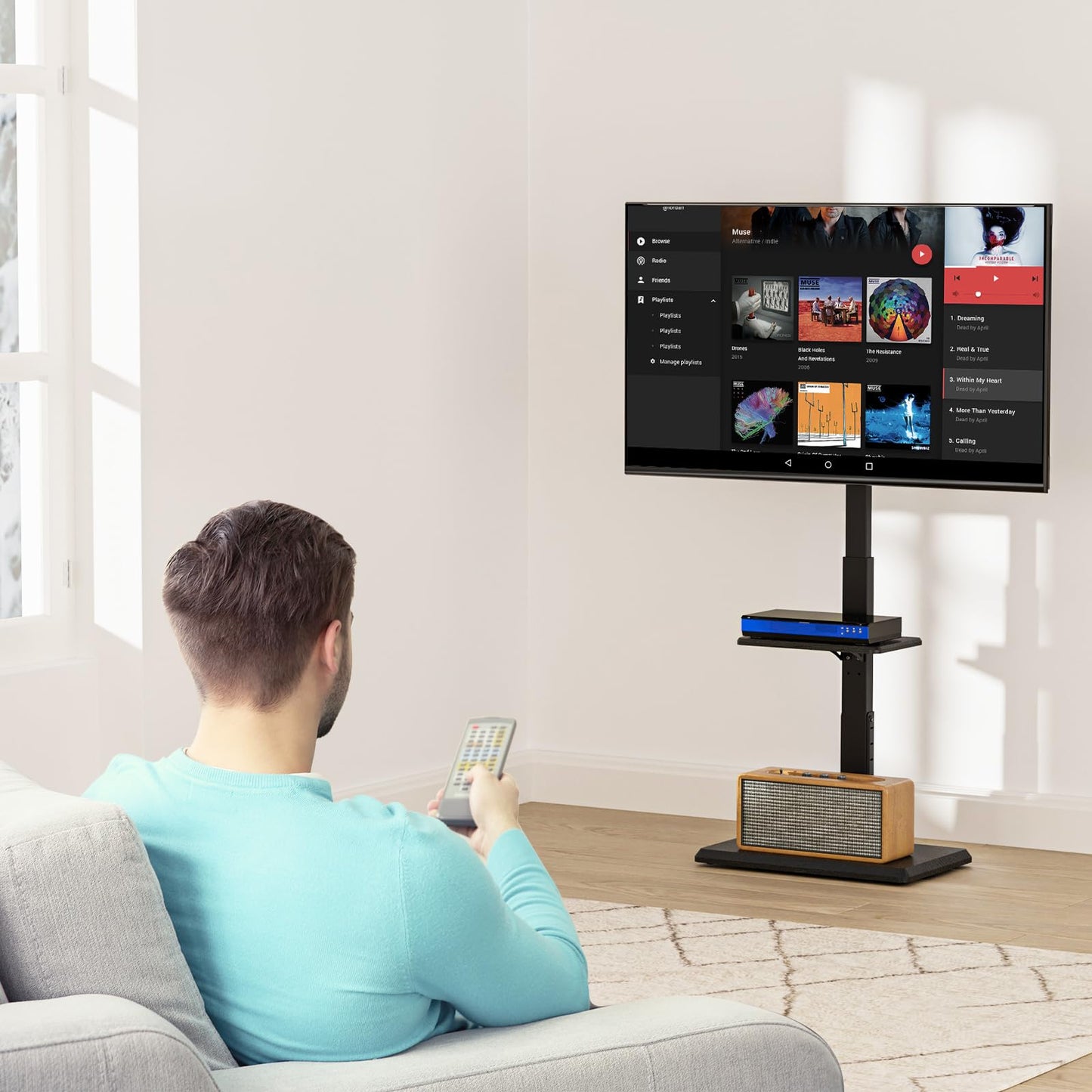 WALI Rolling TV Stand with Power Outlet & AV Shelf, Mobile Tall TV Stand Mount on Wheels for 34-75 inch TV up to 110 lbs, Swivel Height Adjustable TV Cart with Wood Base for Bedroom(TVDVD-6PRW), White