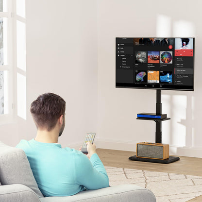 WALI Rolling TV Stand with Power Outlet & AV Shelf, Mobile Tall TV Stand Mount on Wheels for 34-75 inch TV up to 110 lbs, Swivel Height Adjustable TV Cart with Wood Base for Bedroom(TVDVD-6PRW), White