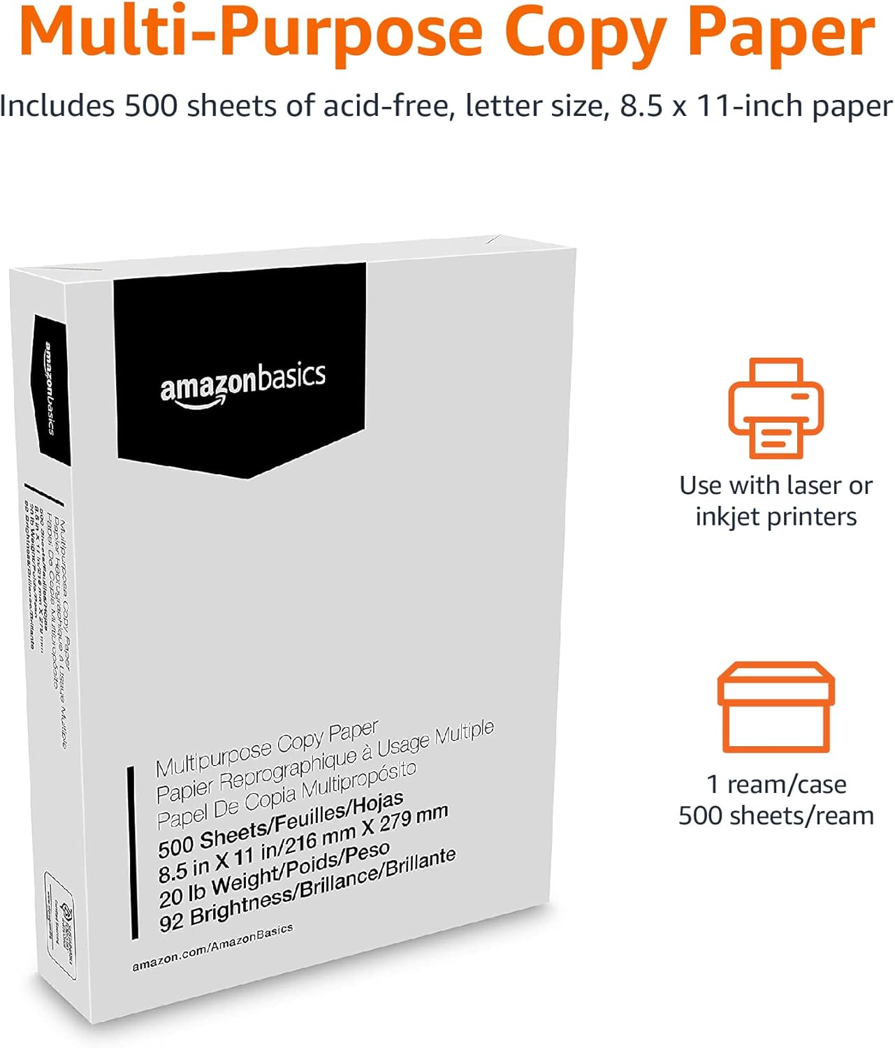 Amazon Basics Mehrzweck-Kopierpapier, 21,6 x 27,9 cm, 75 g/m², 3 Ries, 1500 Blatt, 92 Helligkeit, Weiß