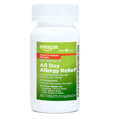 Amazon Basic Care All Day Allergy,Cetirizine Hydrochloride Tablets,10 mg,24-Hour Relief for Sneezing,Runny Nose,Itchy Eyes&Throat,Indoor&Outdoor Allergy Relief,30 Count (Packaging may vary)(Pack of 2)