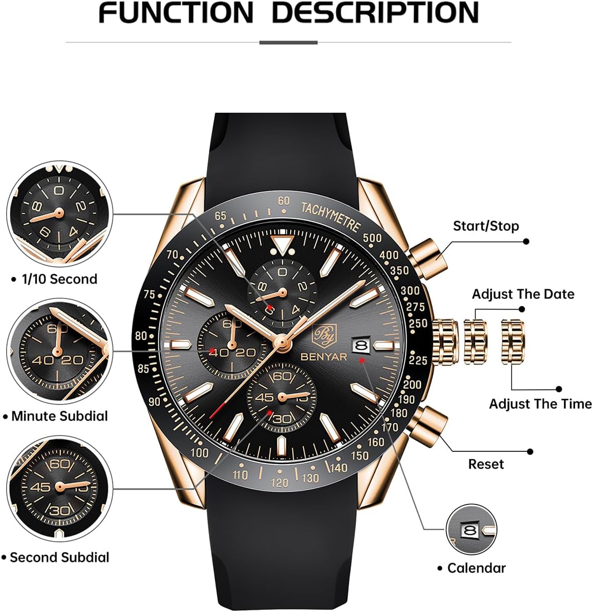 BY BENYAR Uhren für Herren Analog Quarz Chronograph 30M Wasserdicht Leuchtend Großes Zifferblatt Herren Armbanduhren Business Arbeit Sport Freizeit Mode Designer Uhr Elegantes Geschenk für Herren