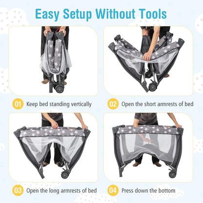 BABY JOY 4 in 1 Pack and Play with Canopy, Portable Baby Playard with Bassinet, Double-Layer Baby Crib, Wheels & Brake, Foldable Baby Girl Pink Bassinet from Newborn to Toddler