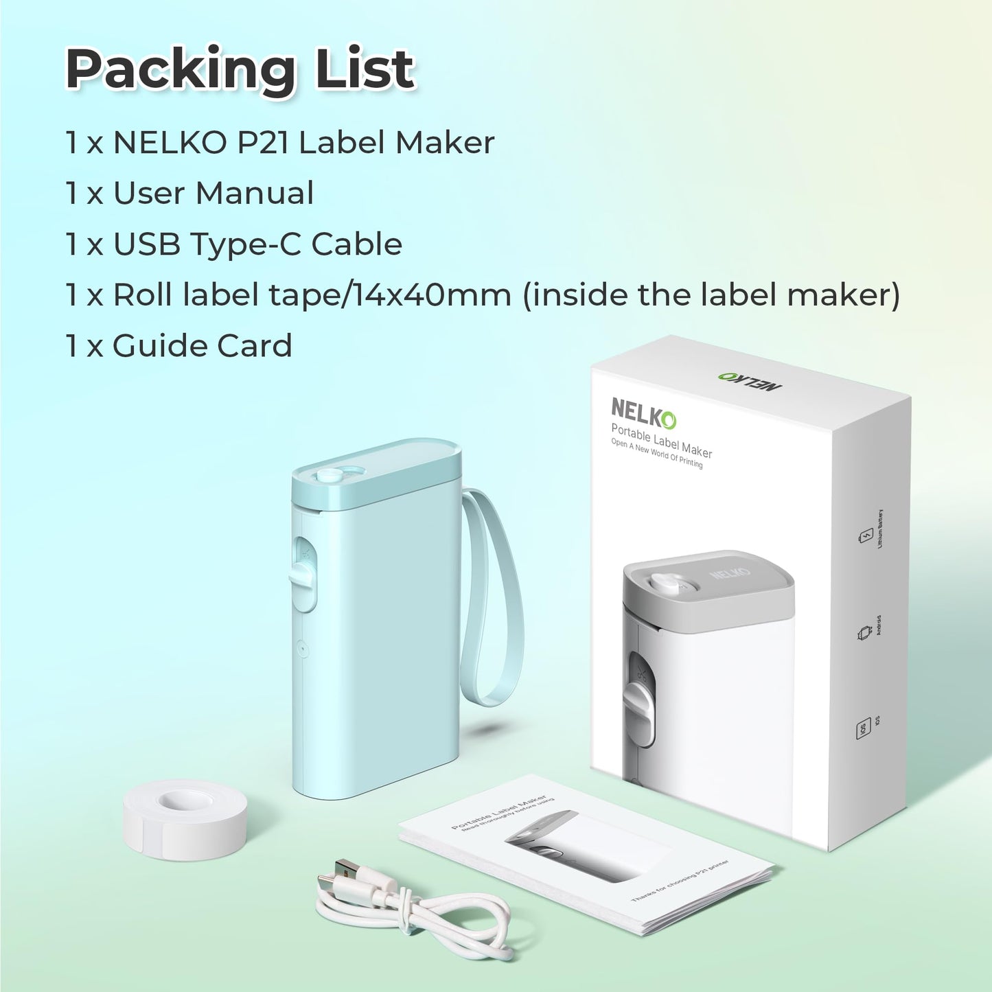 Nelko Etikettendrucker mit Band, P21 Bluetooth-Etikettendrucker, kabelloser Mini-Etikettendrucker mit mehreren Vorlagen für Schule, Büro, Zuhause, Weiß