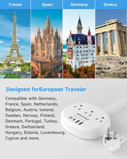 Europäischer Reiseadapter mit USB C, 3 AC-Steckdosen, 4 USB-Anschlüssen (2 USB-C, 4.8A/24W) Kanadisch-Europäische Reise-Steckdosenleiste für EU, Spanien, Frankreich, Deutschland, Island, Griechenland, 0,9 m