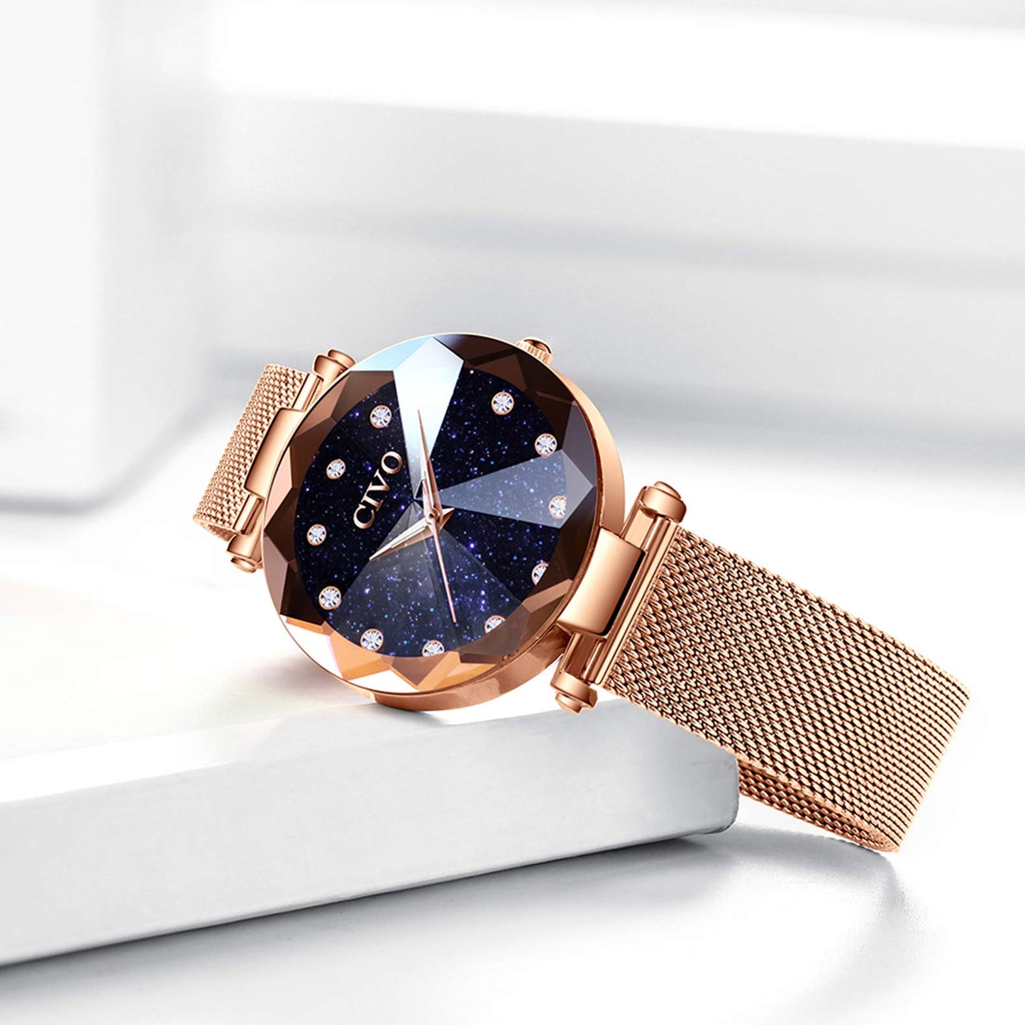 CIVO Damenarmbanduhr, wasserdichte analoge Quarzdameuhr für Damen, Roségold-Mesh-Armband, elegant, luxuriös, Designer-Damenuhr mit Diamant-Zifferblatt