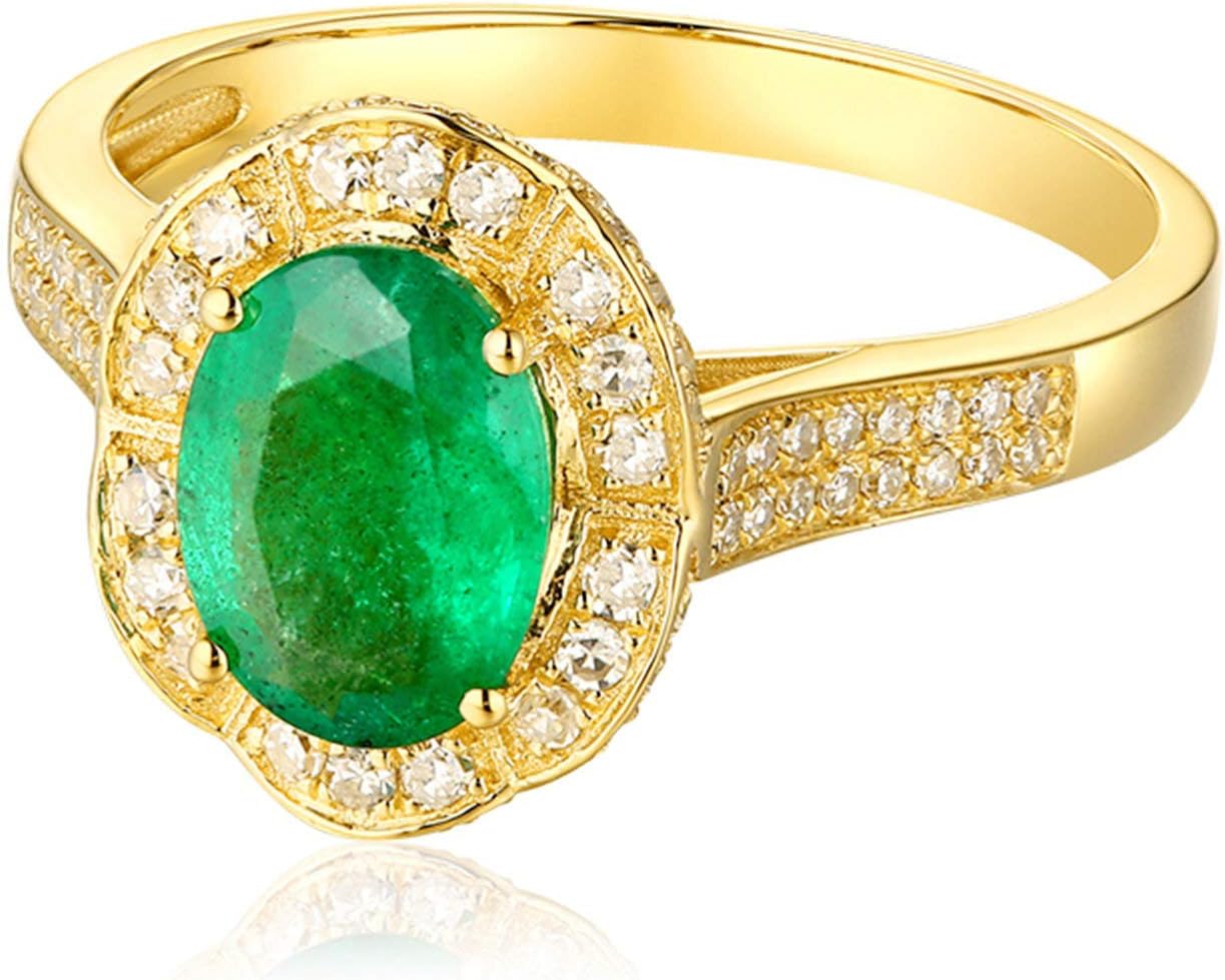 Aienid 18Ct Yellow Gold Wedding Bands for Women 1.01Ct Green Oval Cut Emerald with Diamond Inaly Wedding Rings for Women