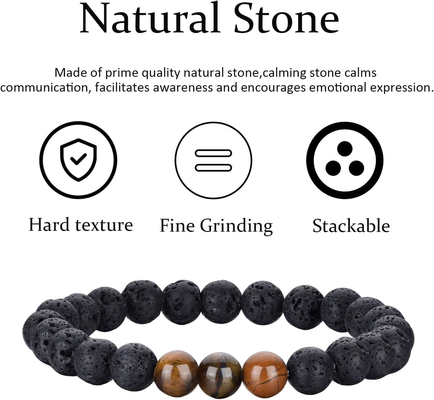 Tigerauge Armband für Herren 8MM Natursteinperlen Armband Set Stretch Lava Stein Armbänder Verstellbares Schwarzes Kristallperlenarmband für Herren Damen Geschenke