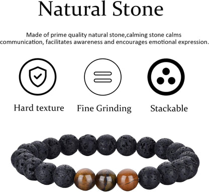 Tigerauge Armband für Herren 8MM Natursteinperlen Armband Set Stretch Lava Stein Armbänder Verstellbares Schwarzes Kristallperlenarmband für Herren Damen Geschenke