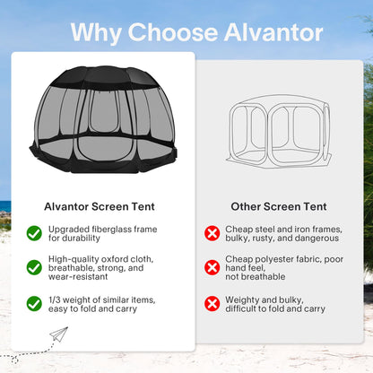 Alvantor Pop Up Screen House Tent, Instant Outdoor Gazebo with Mosquito Netting & UPF 50+ Sun Protection, Portable Canopy Shelter for Patio, Backyard, Camping (2-10 Person)