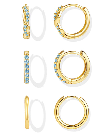 Inerney 14K Gold Plated Huggie Hoop Earrings for Women, Small Sterling Silver Earring Set Hypoallergenic Cartilage Helix Stacks, Mini Dainty Cute Trendy Birthstone Jewelry Gift for Multiple Piercings