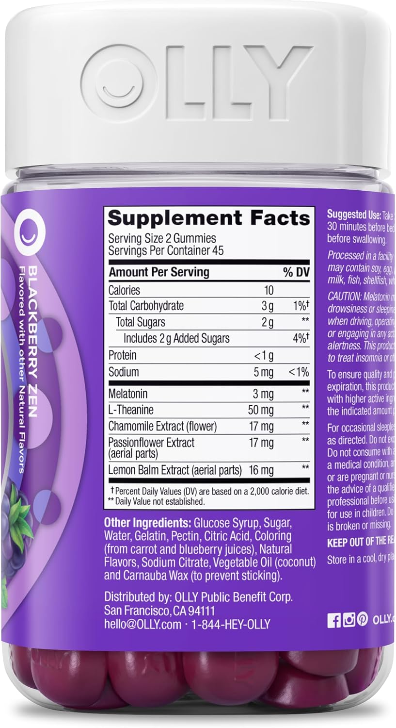 OLLY Sleep Gummy, 3mg Melatonin, L-Theanine, Chamomile, Lemon Balm, Sleep Aid, BlackBerry, 90 Count (Pack of 12)