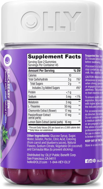 OLLY Sleep Gummy, 3mg Melatonin, L-Theanine, Chamomile, Lemon Balm, Sleep Aid, BlackBerry, 90 Count (Pack of 12)