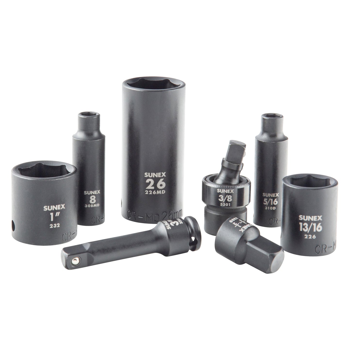 SUNEX Tools 80 Piece 3/8 in. Drive Master Impact Socket Set, Universal, Star, External Star, Extensions, Universal Joint, SAE and Metric, 8mm to 19mm and 5/16 in. to 3/4 in., CR-MO Steel, Model 3580