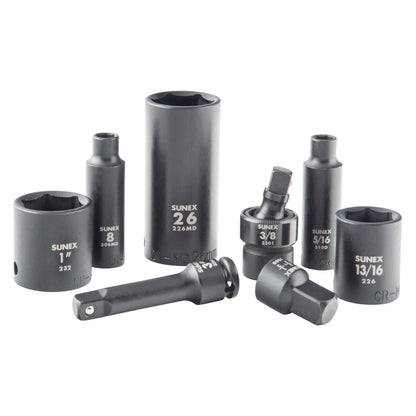 SUNEX Tools 80 Piece 3/8 in. Drive Master Impact Socket Set, Universal, Star, External Star, Extensions, Universal Joint, SAE and Metric, 8mm to 19mm and 5/16 in. to 3/4 in., CR-MO Steel, Model 3580