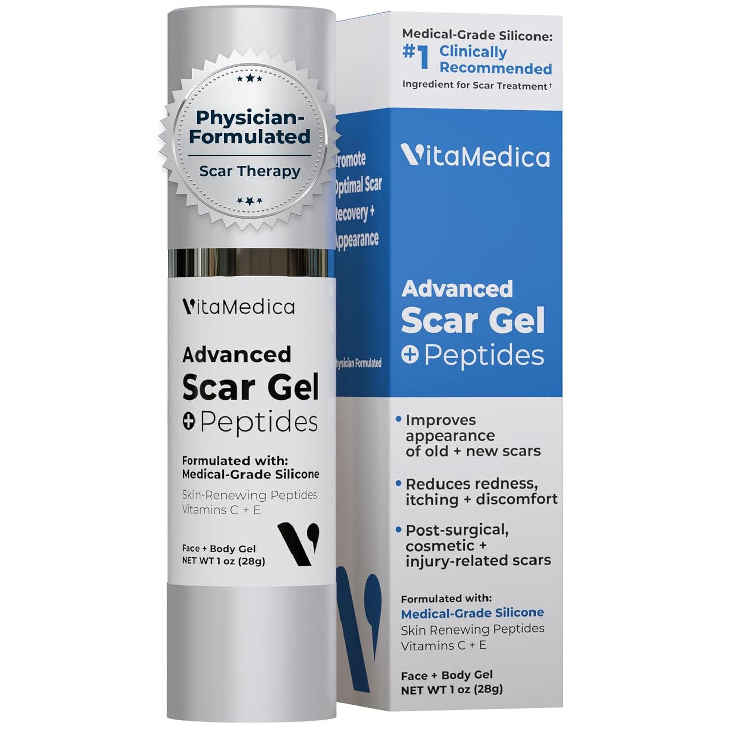 VitaMedica Scar Gel + Peptides - Medical Grade Silicone Scar Gel for Old & New Scars, Acne, Surgical, Burn & Keloid, Helps Reduce Redness & Itching, Face & Body, 1 oz