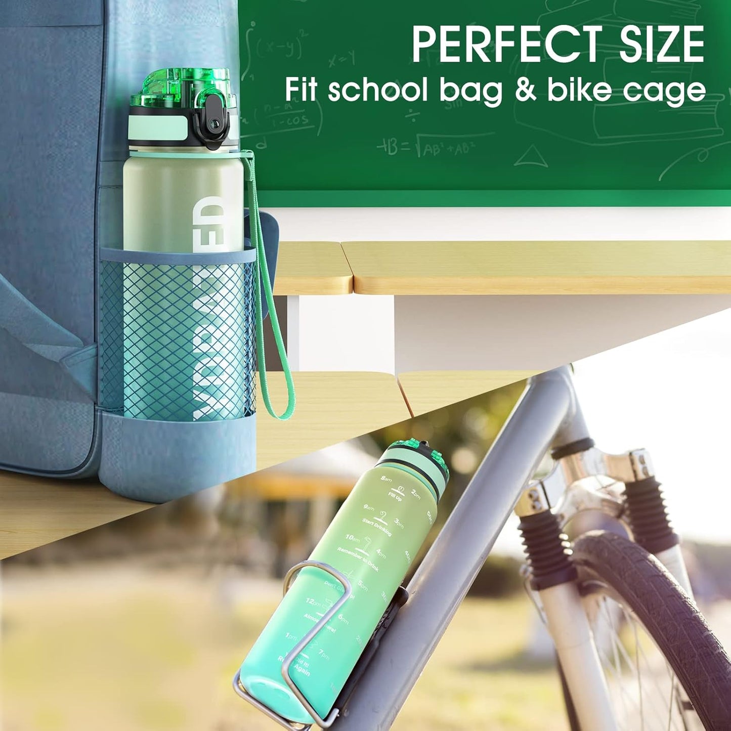 Sahara Sailor Trinkflasche, 950ml Motivations-Sportflasche mit Zeitmarkierung – Trinkzeiten – Tritan, BPA-frei, weite Öffnung auslaufsicher, Fast-Flow-Technologie mit Reinigungsbürste (1 Flasche)