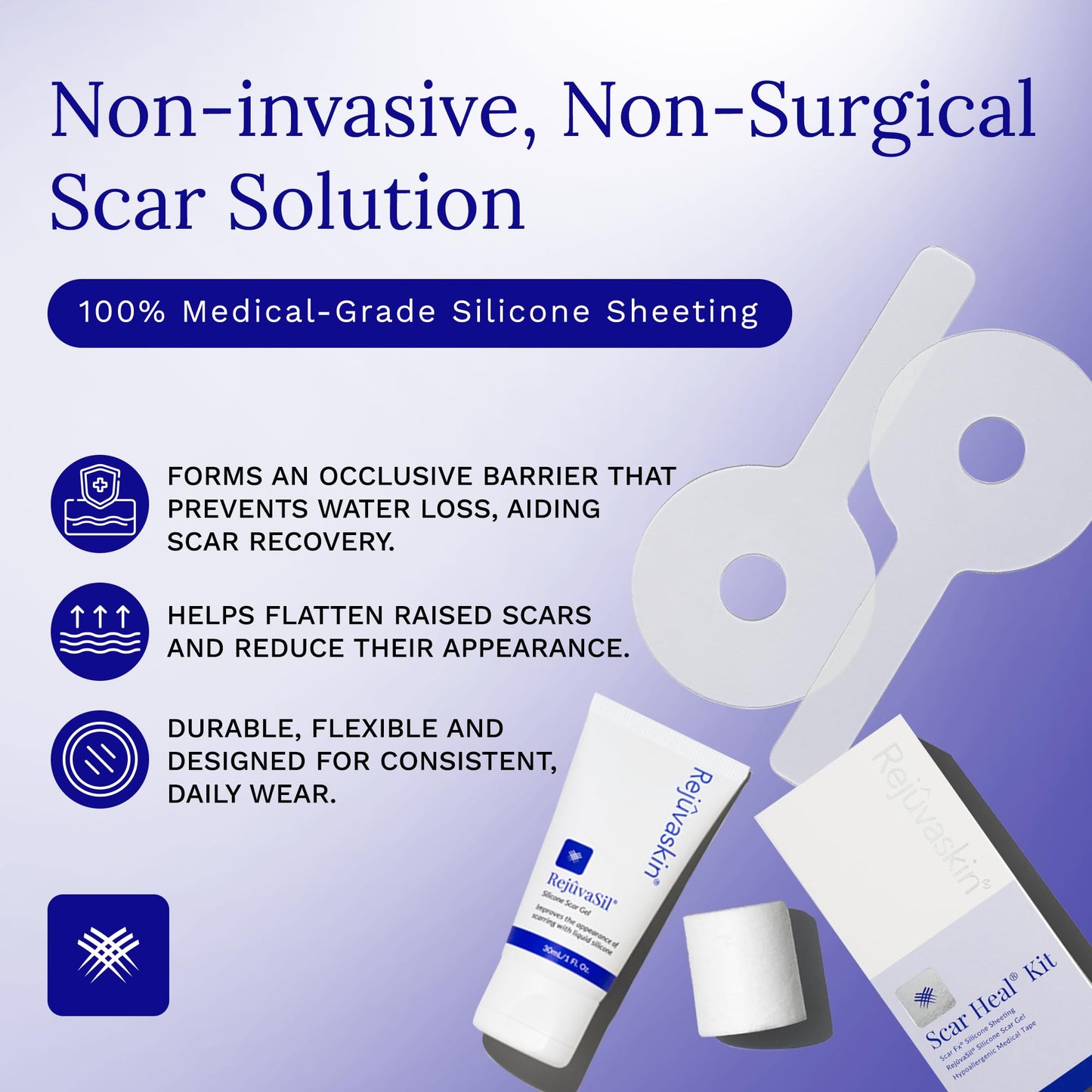 Rejuvaskin Scar Heal Kit for Breast Scars, Soften, Flatten, Reduce and Recover, Silicone Sheeting, RejuvaSil Gel & Medical Tape, Breast Anchor Pair