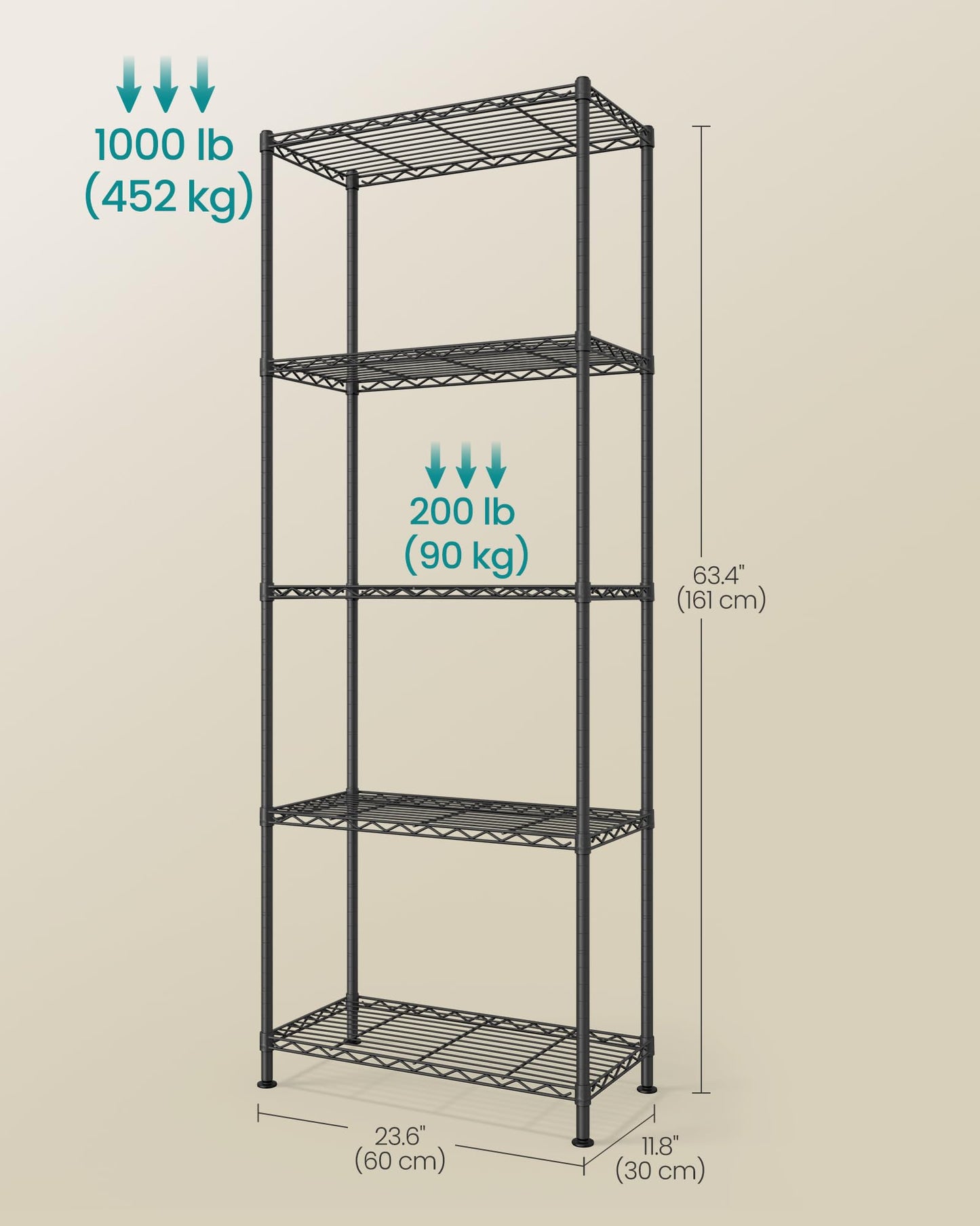 SONGMICS Storage Shelf, Small Metal Wire Shelving Unit, Adjustable Shelves, for Small Spaces, Garage, Bedroom, Living Room, Kitchen, Pantry, 5 Tier, 11.8 x 11.8 x 47.6 Inches, Ink Black ULGR123BH01