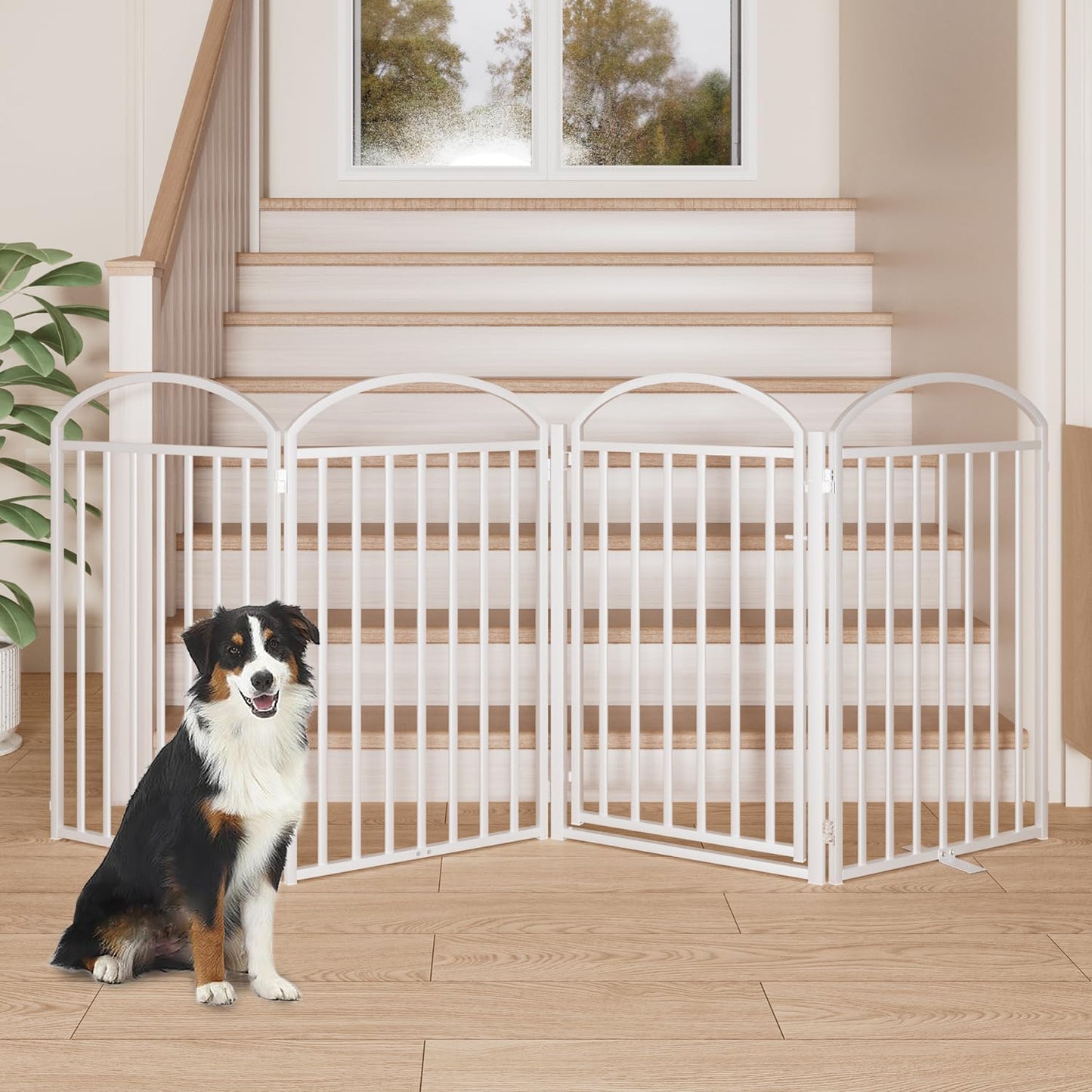 SNUOWU 4 Panels Full Matel Freestanding Dog Gates with Door, 96"Extra Wide 36"Tall Free Standing Dog Pet Gate for Indoor & Outdoor. Foldable Pet Fences for Doorways, House, Stairs, Porch, Deck, Yard