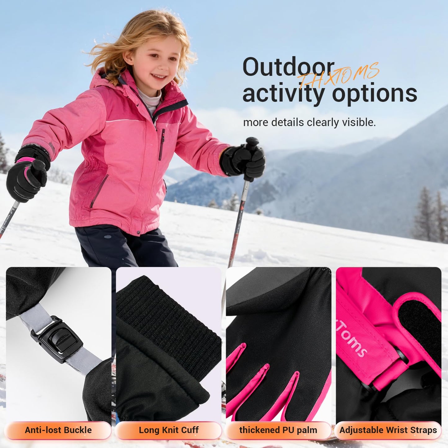 ThxToms Kinder Winterhandschuhe Wasserdichte Ski-Snowboardhandschuhe für Outdoor-Sportarten, Jungen und Mädchen Kaltwetter-Fahrradhandschuhe