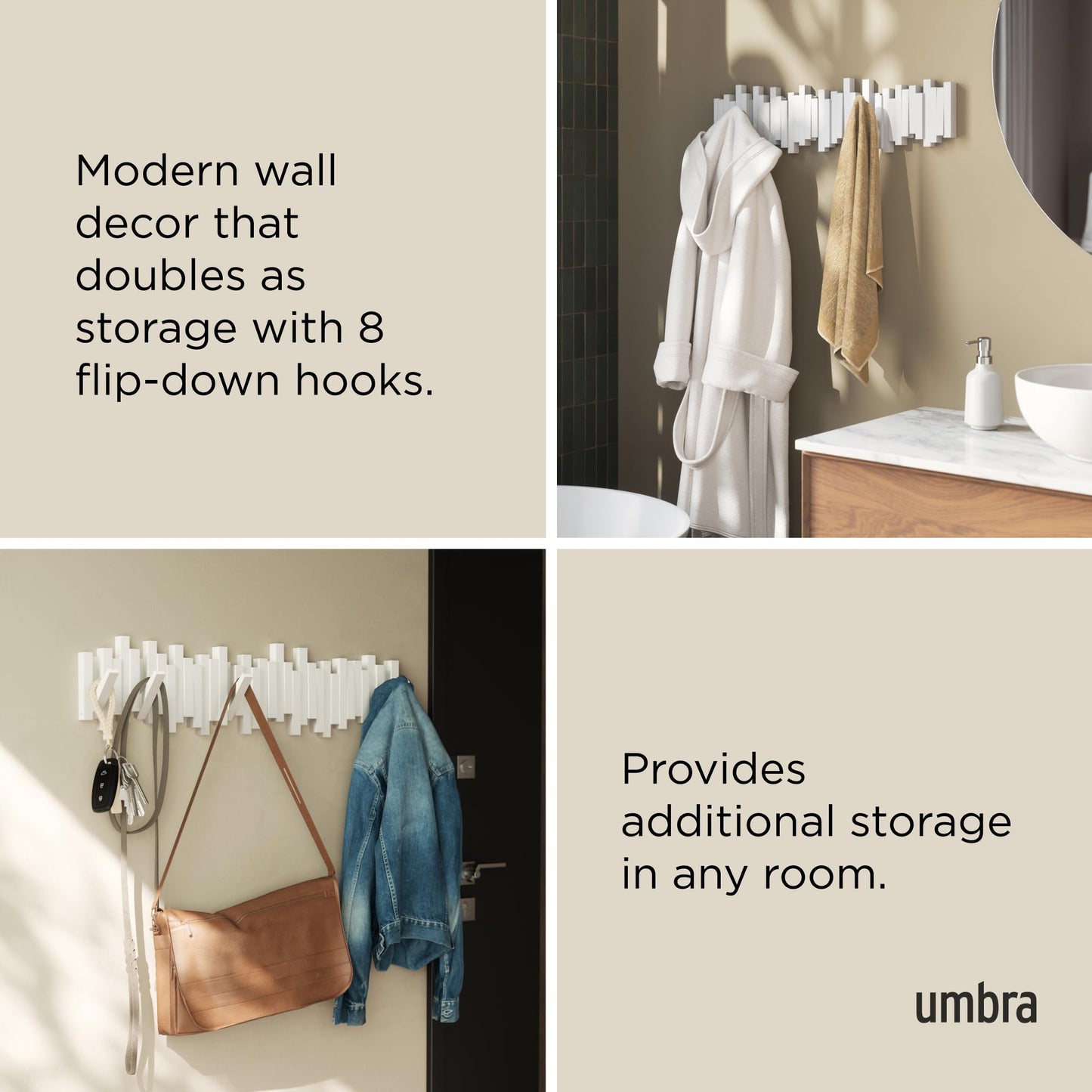 Umbra Sticks Wall-Mounted Coat Rack Rail Hook with 5 Retractable Pegs – Modern, Space-Saving Storage Organizer, Black