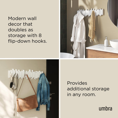 Umbra Sticks Wall-Mounted Coat Rack Rail Hook with 5 Retractable Pegs – Modern, Space-Saving Storage Organizer, Black