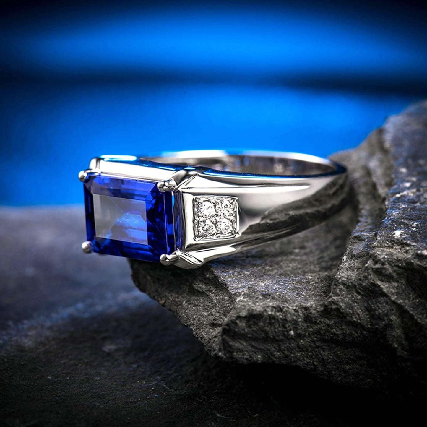 Aienid 18K Women Engagement Ring White Gold 4ct Rectangular Cut Tanzanite with 0.12ct Diamond Wedding Bands for Womens