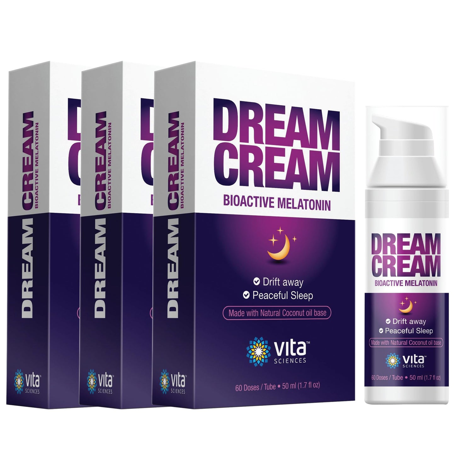 Vitasciences Dream Cream Melatonin 3mg - The Best Natural Sleep Aid, Topical Sleep Cream Is a Safe Alternative to Sleeping Pills. Fragrance-Free Lotion - Pack of 6