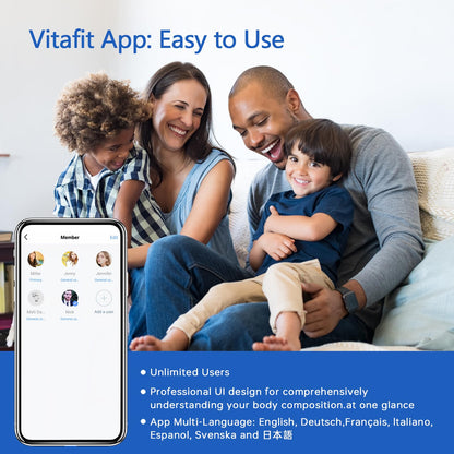 Vitafit Smart-Körperwaage, hohe Genauigkeit 0,05 kg, von unserer professionellen Fabrik seit 2001, App-Synchronisierung von 13 Körperzusammensetzungen wie BMI, Körperfett und Muskelmasse, 180 kg, LED, Schwarz