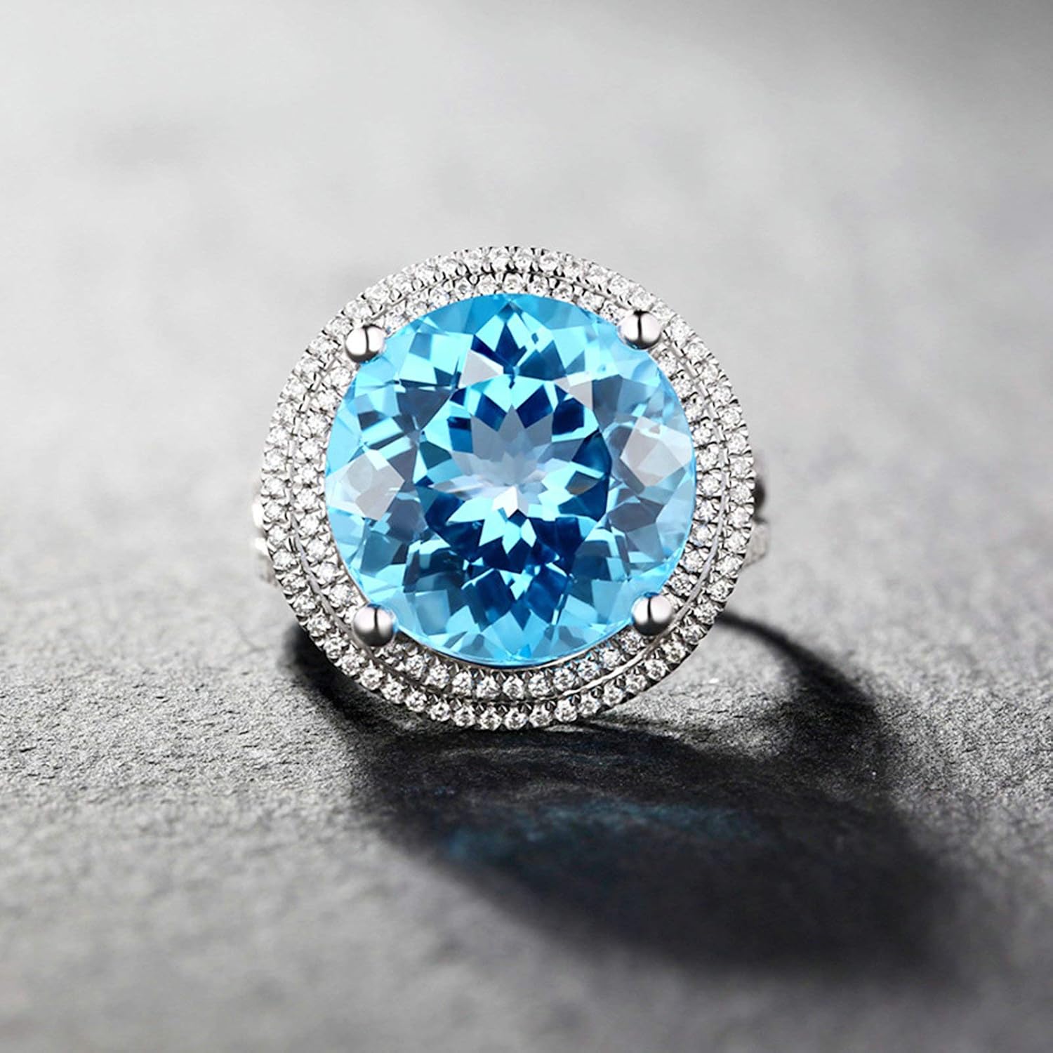 Aienid 18Ct White Gold Wedding Rings for Women Round Brilliant 12Ct Big Blue Topaz Wedding Rings for Women