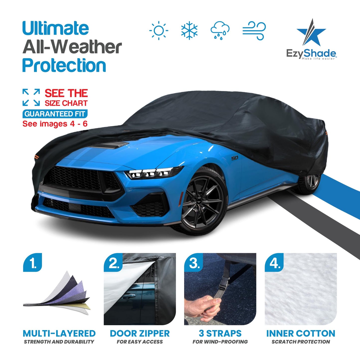 EzyShade 10-Schicht Autoabdeckung Wasserdicht Allwetter - Siehe Fahrzeug-Größentabelle - Autoabdeckungen für Automobile & Auto Schneeabdeckung - Komplette Außenabdeckungen - Winter Regen Sonne SUV Limousine. Größe A4 (Siehe Größentabelle)