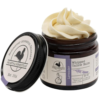 Hearth & Homestead Whipped Beef Tallow for Skin & Face - 100% Grass Fed, Eczema Cream & Body Butter - Organic Olive Oil, Calendula & Rose - Lotion & Hand Moisturizer for Dry Skin, Unscented, 1.3oz