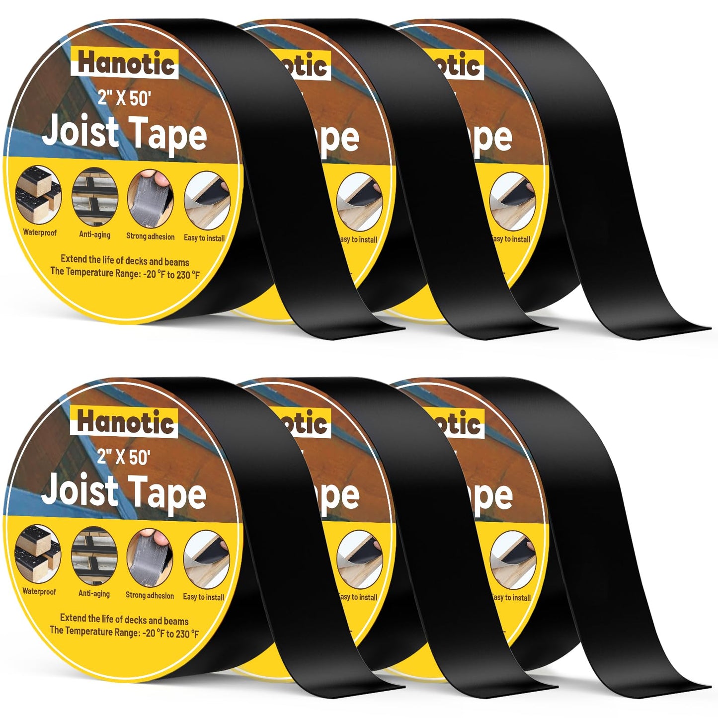 Joist Tape for Decking 2'' X 50', 6 Rolls Weather Resistance Butyl Tape, Waterproof and Anti-Corrosion, Self-Adhesive for Wood Joists Decks Beams Roof Extend Deck Life