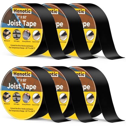 Joist Tape for Decking 2'' X 50', 6 Rolls Weather Resistance Butyl Tape, Waterproof and Anti-Corrosion, Self-Adhesive for Wood Joists Decks Beams Roof Extend Deck Life