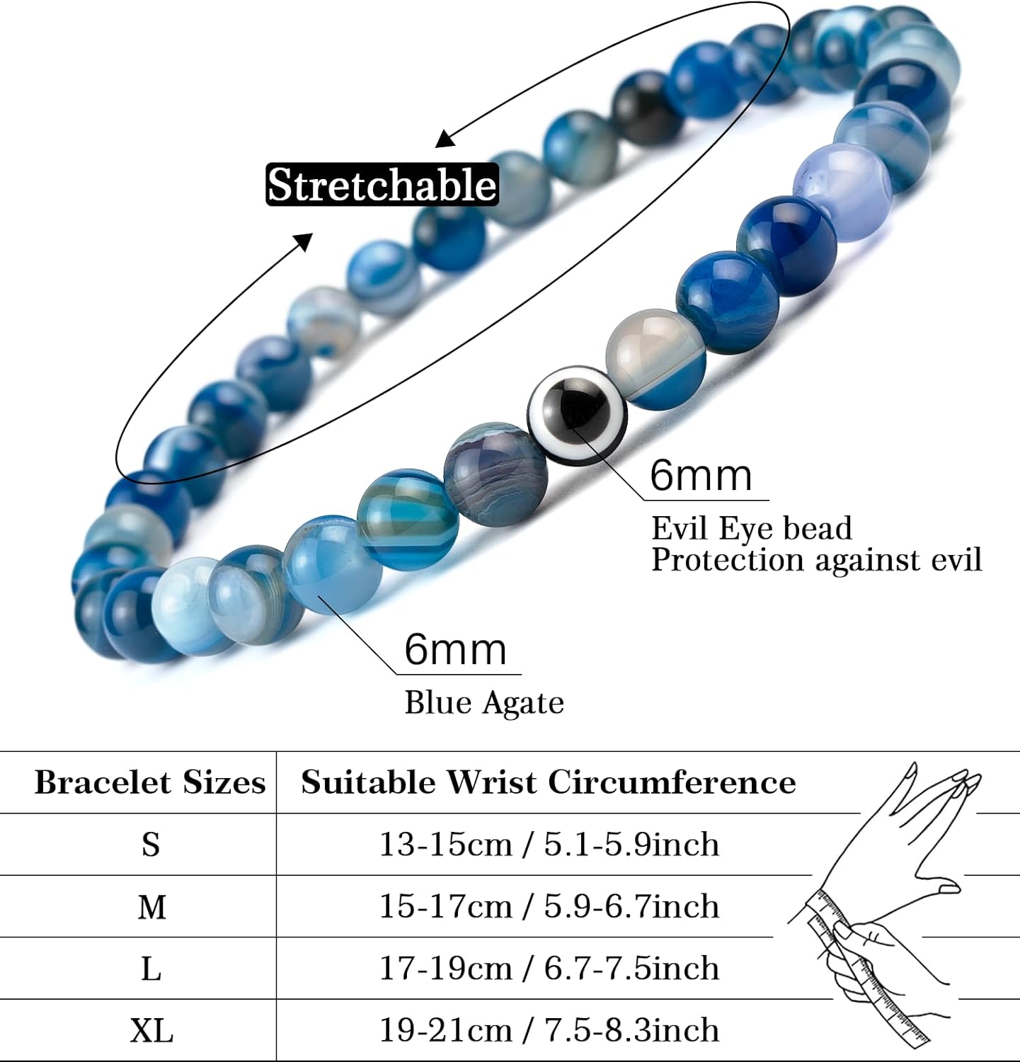 6 mm Böses Auge Armband aus schwarzen Kristallen – verstellbares Set aus Natursteinen für Herren und Damen, Schutzamulett als Geschenk für den Alltag/Geburtstag/Jahrestag