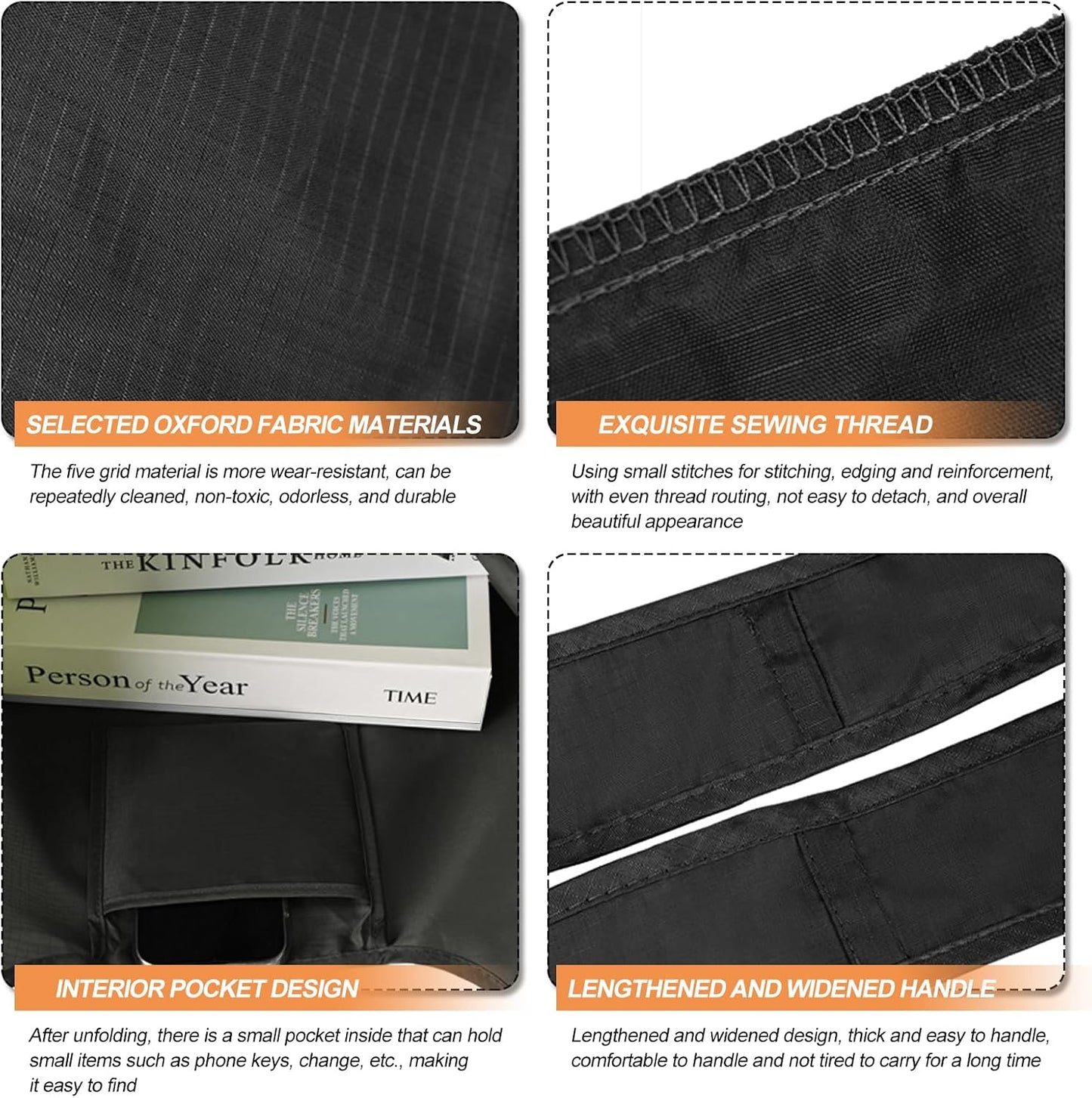 Wiederverwendbare Einkaufstaschen für Lebensmittel, 2er-Pack wiederverwendbare Einkaufstaschen faltbar in Tasche, waschbare Einkaufstasche schwarz & grau