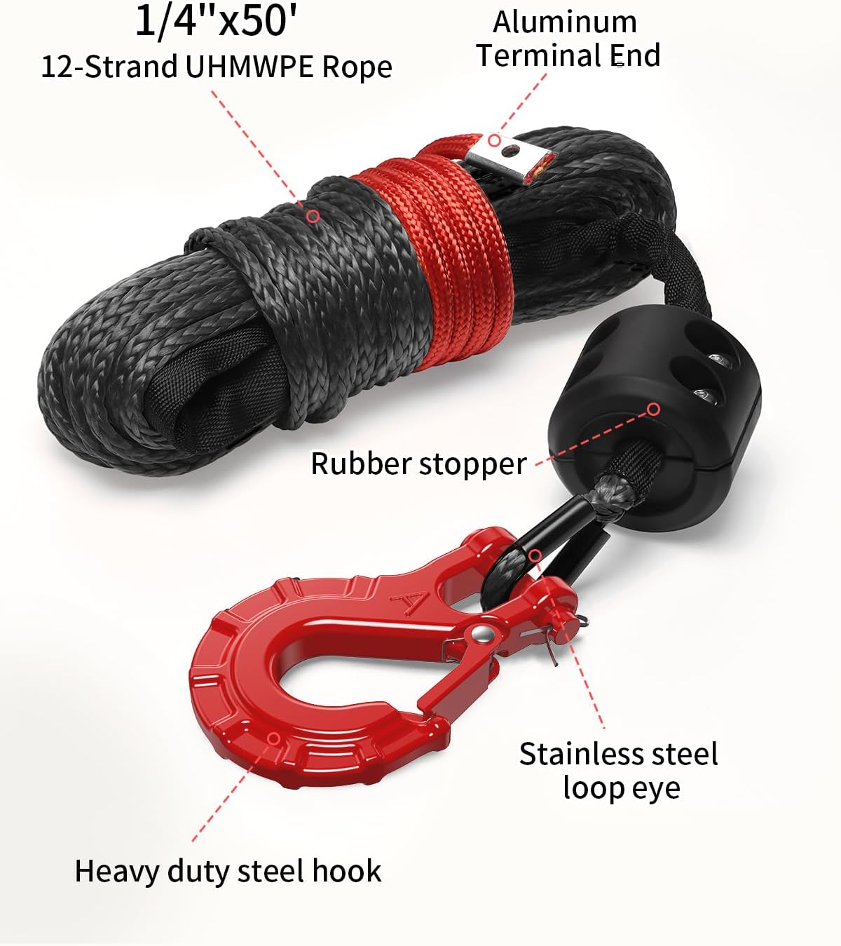 Kolvoii Synthetisches Windenseil-Set, 1/4" x 50ft 9.650lbs Windenseil mit Stahlhaken, Schutzhülle und Windenseilstopper für ATV UTV Off-Road Fahrzeuge etc. (Graues Seil, Schwarzer Haken)