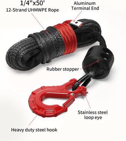 Kolvoii Synthetisches Windenseil-Set, 1/4" x 50ft 9.650lbs Windenseil mit Stahlhaken, Schutzhülle und Windenseilstopper für ATV UTV Off-Road Fahrzeuge etc. (Graues Seil, Schwarzer Haken)