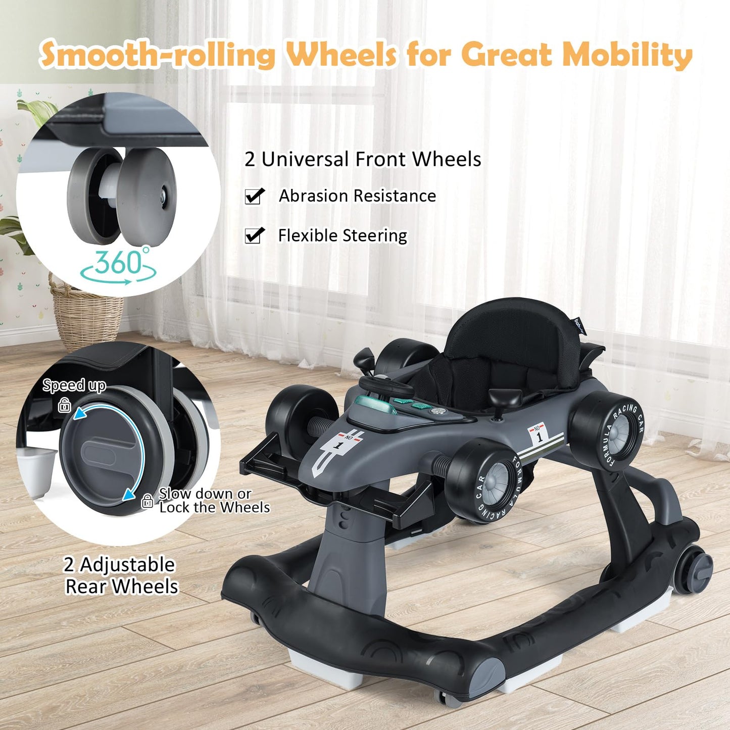 HONEY JOY 4-in-1 Baby Walker, Activity Push Walker w/3 Adjustable Heights, Smooth Wheels w/Adjustable Speed, Padded Seat, Music & Light, Foldable Car Walker for Baby Boys Girls Age 6 Months+ (Blue)