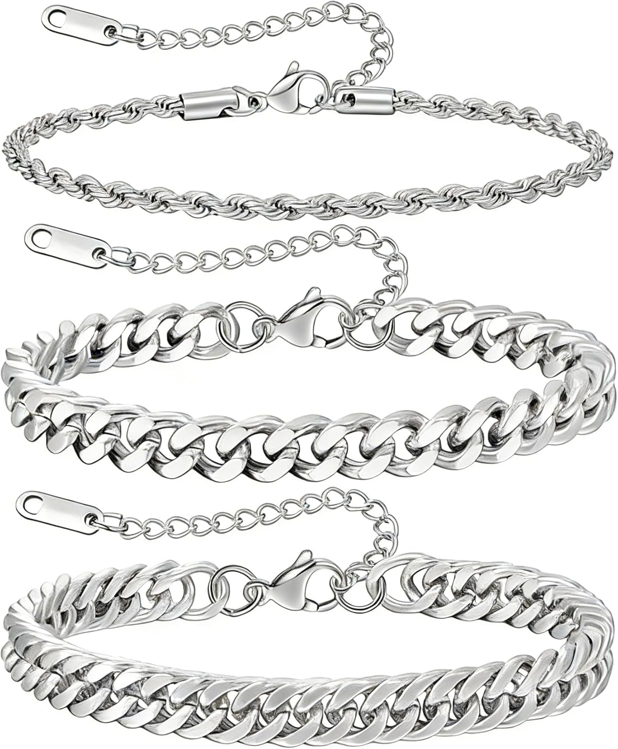 7+1.2 inches (18+3 cm)3pcs-silver-rope/Cuban/Cuban