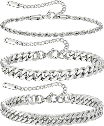 3 Pcs Mens Silver Bracelets, Sturdy Curb Stainless Steel Width Snake Rope Figaro Cuban Chain Bracelet Set 7/7.8+1.2inch Adjustable Stack Silver Chain Bracelet for Men