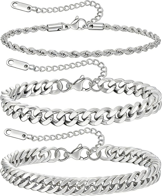 3 Pcs Mens Silver Bracelets, Sturdy Curb Stainless Steel Width Snake Rope Figaro Cuban Chain Bracelet Set 7/7.8+1.2inch Adjustable Stack Silver Chain Bracelet for Men