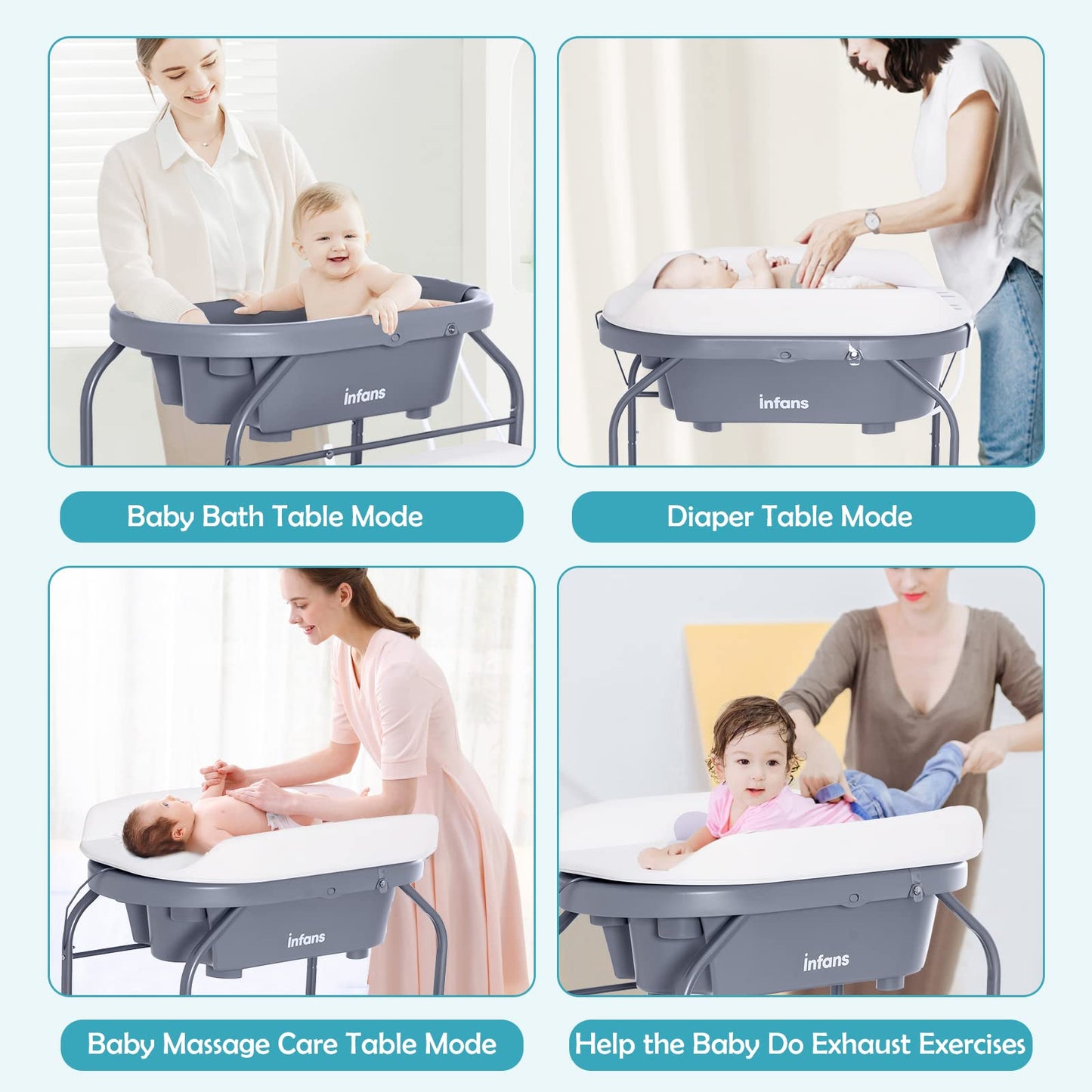 INFANS 2 in 1 Baby Changing Table with Bath Tub Unit, Folding Diaper Dresser Station with Wheels Waterproof Pad Storage Rack, Portable Nursery Organizer Stand for Newborn Infant