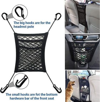 WENOVL Organizador de malla de 3 capas para coche, Red trasera de asiento, Barrera para mascotas y niños en el asiento trasero, Soporte de tejido para carga y bolso, Bolsa de red de almacenamiento para conductor