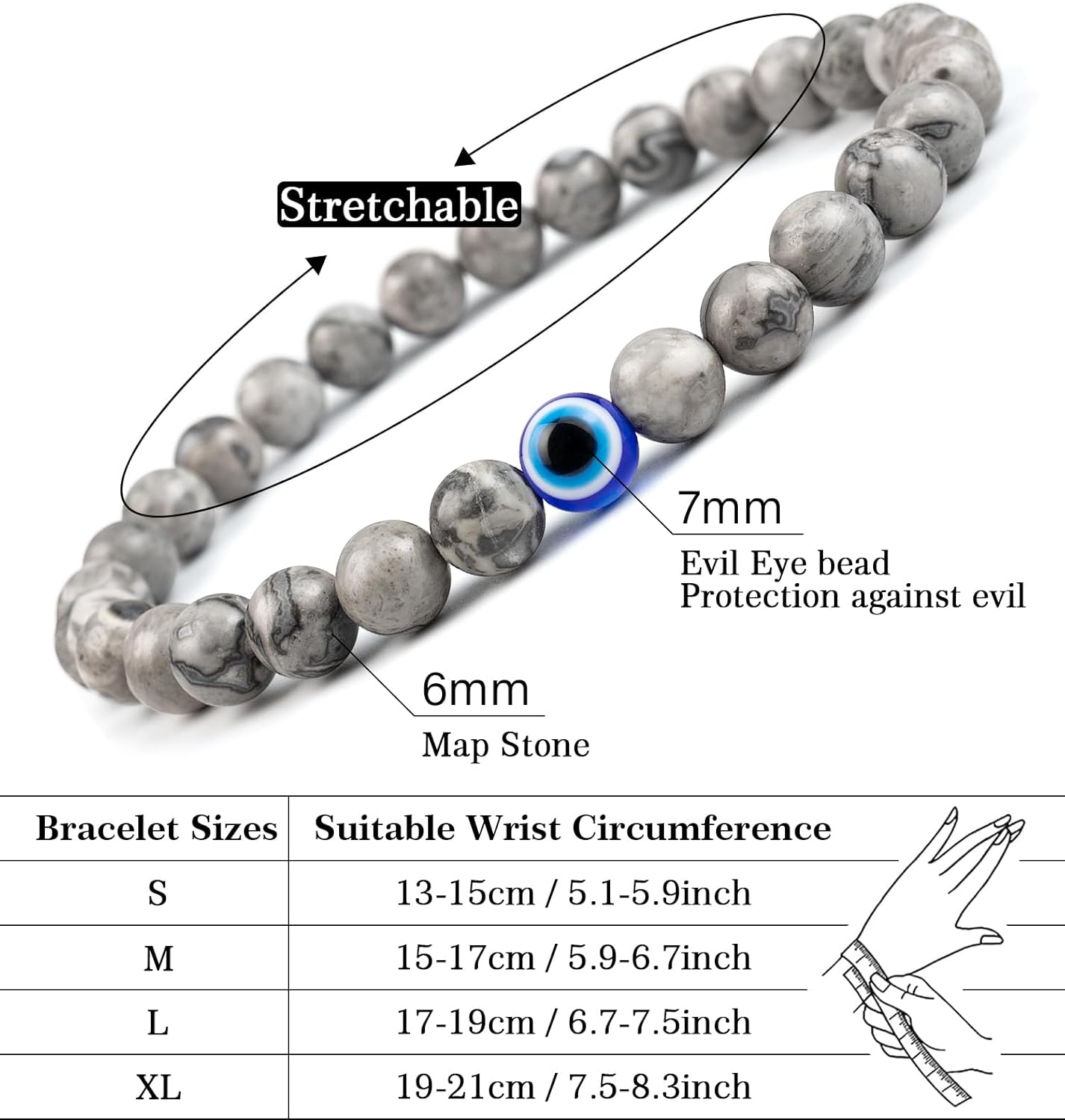 6 mm Böses Auge Armband aus schwarzen Kristallen – verstellbares Set aus Natursteinen für Herren und Damen, Schutzamulett als Geschenk für den Alltag/Geburtstag/Jahrestag