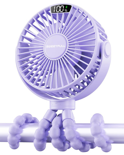 SWEETFULL Portable Stroller Fan with LED Display, 4 Speed Rechargeable Mini Clip On Fan, 360° Rotate Flexible Tripod Better Cooling Small Baby Fan for Car Seat Crib Travel Bike Treadmill (Black)