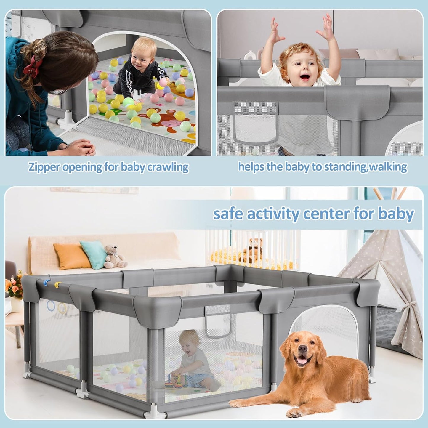 Palopalo Baby Laufgitter, 180x150cm Extra Großer Laufstall für Babys und Kleinkinder, Baby-Aktivitätszentrum mit 8 Saugnapfbasen, Baby-Laufstall mit Tür und weichem, atmungsaktivem Netz, Ohne Matte