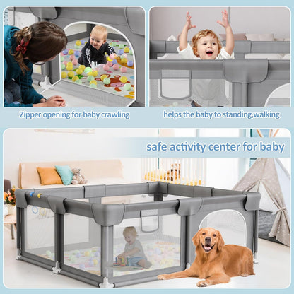 Palopalo Baby Laufgitter, 180x150cm Extra Großer Laufstall für Babys und Kleinkinder, Baby-Aktivitätszentrum mit 8 Saugnapfbasen, Baby-Laufstall mit Tür und weichem, atmungsaktivem Netz, Ohne Matte